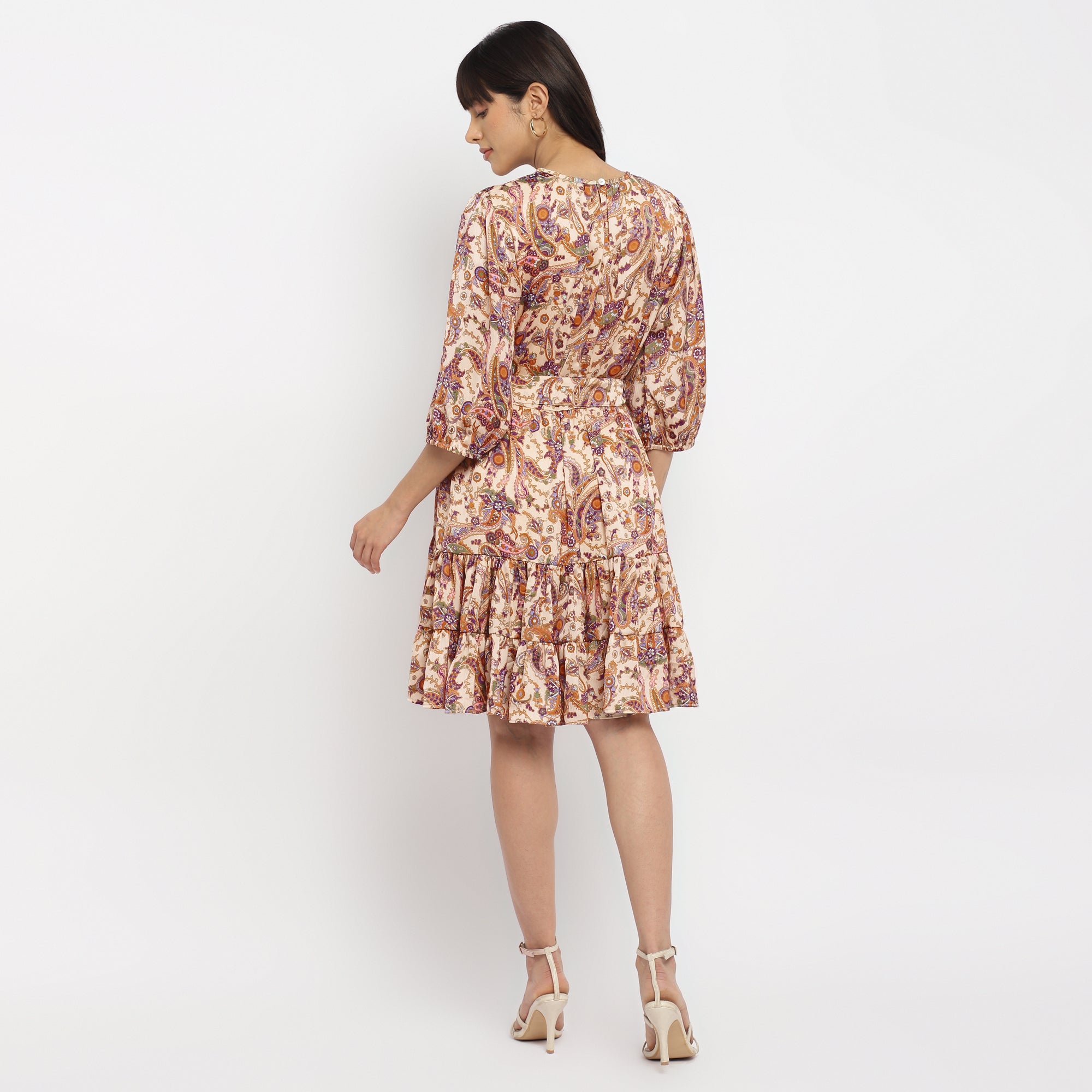 Paisley flared Printed Tiered Dress with Balloon Sleeves